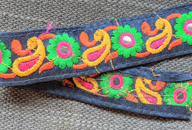 Navy Blue Floral Mirrored Trim With Green Flowers And Yellow Paisley Embroidery, Decorative Trimming, Trim By 3 Yards